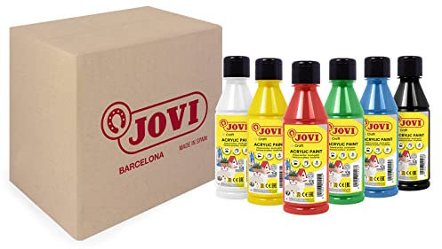 Jovi - Pintura Acrílica, 6 botes de 250ml, Colores primarios, Alto poder cubriente, Se aplica fácilmente sobre cualquier superfície, Sin gluten (680/6A)