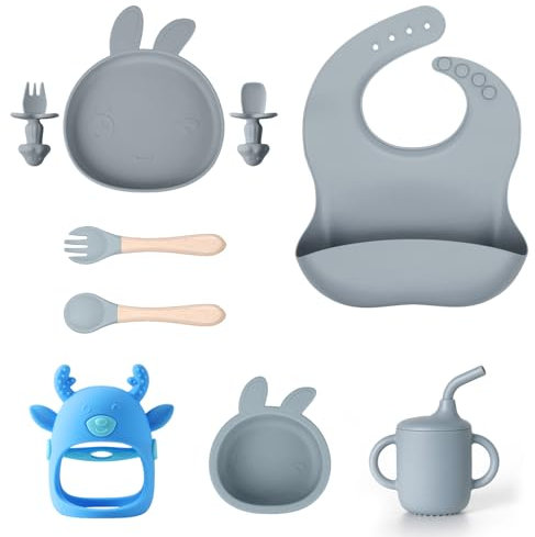 9 Pezzi Set Pappa Svezzamento, Piatto con Ventosa, Kit Silicone con Bavaglini, Tazza, Ciotole, Cucchiai, Forchette, Dentizione per Bambini (Blu)