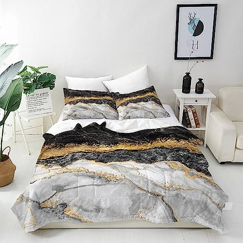 ANHOPE Marble Duvet Cover Set Soft Lightweight Microfibre 3 Piece Bedding Set with 2 Pillowcase Abstract Modern Liquid Gold Foil Texture Print Pattern All Season Quilt Cover with Zipper Closure Double