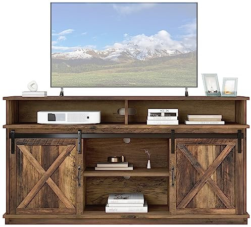 kubeier Mueble TV Vintage, Mueble TV Madera 148 cm con 2 Puertas correderas diseño Granero y 2 Compartimentos Abiertos, baldas Regulables, Mueble TV diseño Industrial para salón Dormitorio