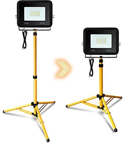 Gimisgu Baustrahler LED mit Stativ, 10W Kaltweiß Arbeitsstrahler 900LM, Baulampe mit 1m Kabel, 6000K Wasserdicht IP66 für Konstruktion Werkstatt, Garage, Keller, Schuppen(kein Stecker)