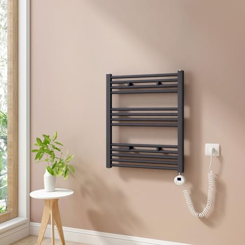 Heilmetz Badheizkörper Elektrisch 70x60cm Badheizkörper Elektrisch mit Thermostat+Timer-Funktion Gerade Handtuchheizkörper Anthrazit 330W