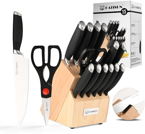 KATISUN Messerblock Set 15-TLG Messer Set mit Selbstschärfender Messerblock Messerblock mit Küchenmesser Edelstahl Kochmesser Set Praktischer Messerschärfer Komfortabler Griff Hochwertige