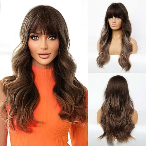 FENYW Synthetische Perücke, Schwarz Ombre Braun Perücken, Damen Perücke Braun, Lange Braun Perücke mit Pony, Natürliche Synthetische Haare, Lange Lockige Haar Perücken für Frauen Party Täglich(Braun)