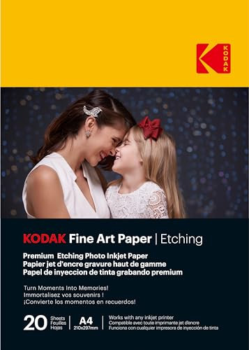 KODAK Fine Art Paper - Papier Photo Haut de Gamme Texturé, Pack de 20 feuilles, Format A4 (21 x 29.7 cm), Finition Mate Effet Gravure, 210 gsm, Compatible Toute Imprimante Jet d'Encre
