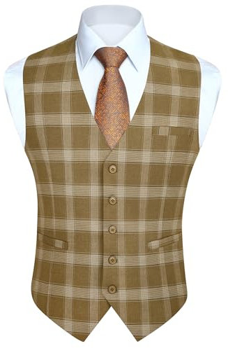 HISDERN Waistcoats for Men Yellow Tartan Waistcoat Classic Check Suit Vest V Neck for Wedding Party XL