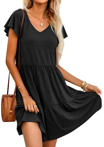 HOTOUCH Women's Summer Dress V-Neck Short Sleeve Sundress Solid Color Ruffle Tiered Casual Dress with Pockets Black S