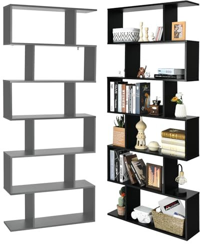 HOMASIS Stehendes Bücherregal mit 5/6 Ebenen, S-Form Standregal stilvoll, Aufbewahrungsregal Holz, multifunktionales Wandregal Raumteilerregal für Wohnzimmer, Büro & Arbeitzimmer (Schwarz, 6 Ebenen)