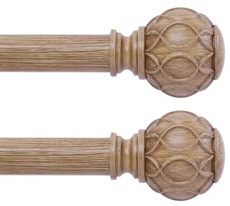 TANGWIN 2er-Pack Holz-Gardinenstangen für Fenster, 122 bis 213 cm, 2,5 cm starke verstellbare Gardinenstange, Netzstruktur, Einzelfenster-Gardinenstange, 91,4–223,5 cm, braunes Holz