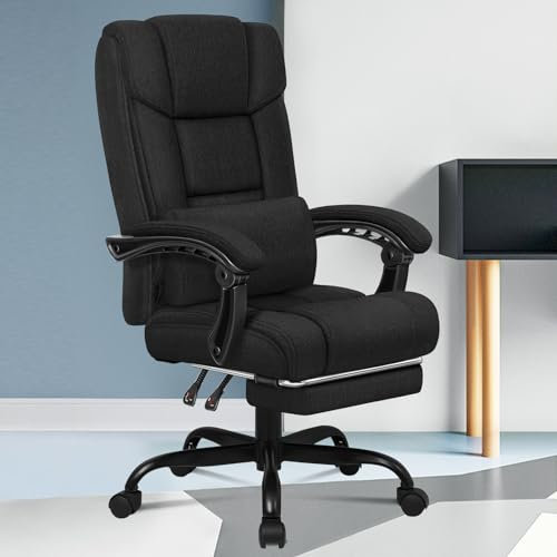 ELFORDSON Office Chair with Dual-Layer Paddings, Computer Desk Chair with Footrest, High Back 150° Recliner Tilting Function Fabric Linen, Grey