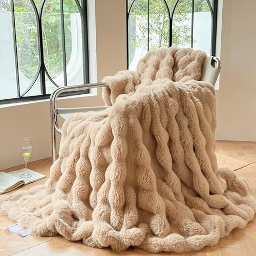 DREAMLANDING Couverture en fausse fourrure de lapin Sherpa réversible, chaude, confortable et moelleuse pour lit, canapé, décoration d'intérieur (café, 150 x 200 cm)