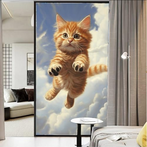Springende Katze Fensterfolie, Hitzeblockierend, lebendiges braunes Tier, Natur, moderne Privatsphäre, Fensterdekoration, Glastürabdeckung, nicht klebende Fensteraufkleber für Badezimmer, Küche, 45 x