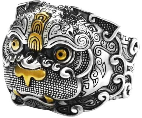 Kucheed Feng Shui PiXiu Mantra Ring, Silberne Buddhistische Glücks Fingerringe,MANI Amulett Mantra Schmuck,Doppelter Schutz Reichtum Liebe Gesundheit Band,Jahrgang Verstellbare Ringe Geschenk (L)