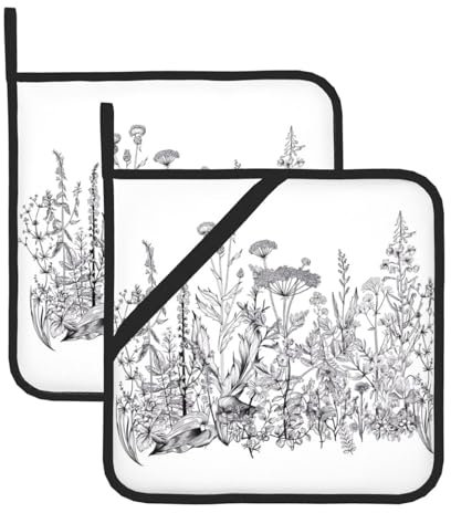 Lot de 2 maniques à fleurs noires et blanches pour barbecue résistant à la chaleur