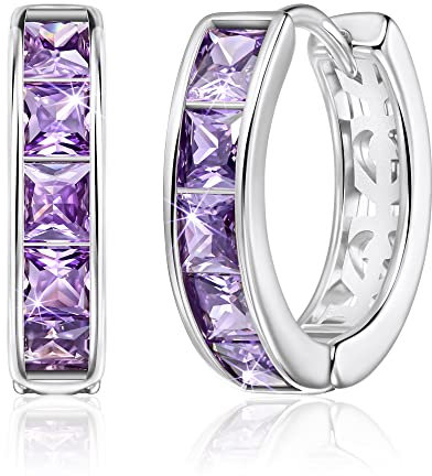 Linawe Purple Earrings for Women Trendy, Silver Hoop Earrings, Amethyst Cubic Zirconia Helix Cute Small Huggie Earrings