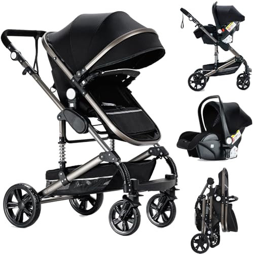 Reenborn Passeggino Trio, Passeggino 3 in 1 con Due Modi Reversibili Spingere, Trio Neonati con Telaio Alluminio Paesaggistico Alto, Design Pieghevole in Un Clic (739 Black)