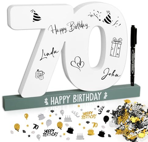 BOFUNX 70. Geburtstag Gästebuch + Geburtstag Konfetti + Stift, Holz Kreative 70. Geburtstag Geschenkidee für Frauen Männer Holz Andenken Tischdeko