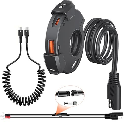 Giantdeer 48W Wasserdichtes Motorrad USB C Steckdose, Motorrad Telefon Ladegerät, QC3.0 USB-A und USB C 12V Motorrad Steckdose,+ 5A Typ C Ladekabel(1M)für DC 12V/24V Motorrad/Boot/Beachbikes