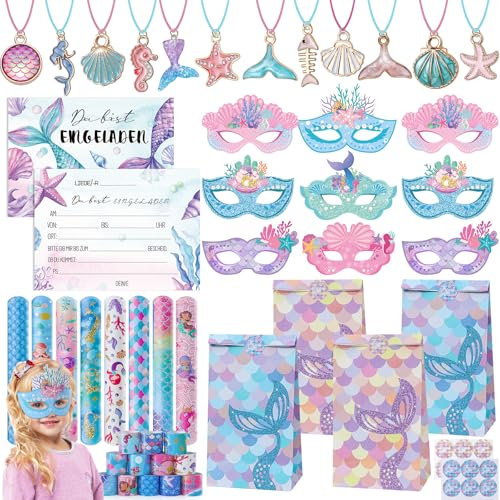 G.C 60 Stück Meerjungfrau Mitgebsel Kindergeburtstag Gastgeschenke Meerjungfrauen Einladungskarten Masken Halsketten Slap Armbänder Geburtstag Geschenktüten Kinder Mädchen Party Give Aways