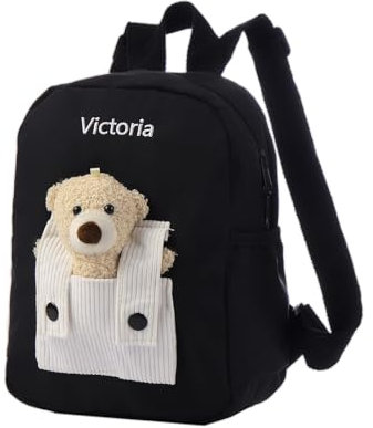 ALBERTBAND Personalisierte Kinderrucksäcke mit Namen Rucksack für Kinder Kindergarten Unterwegs Geschenk für Sohn Tochter Freund Blume Regenbogen Bär Rucksack (Bär-Schwarz)