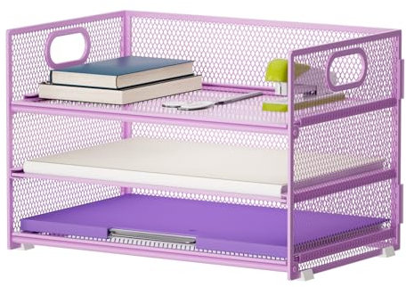 Marbrasse Desk Organiser,3 Tire Letter Paper Tray organiser with Handle,Mesh desk organiser tray for A4 File,Home Office Supplies (Purple)