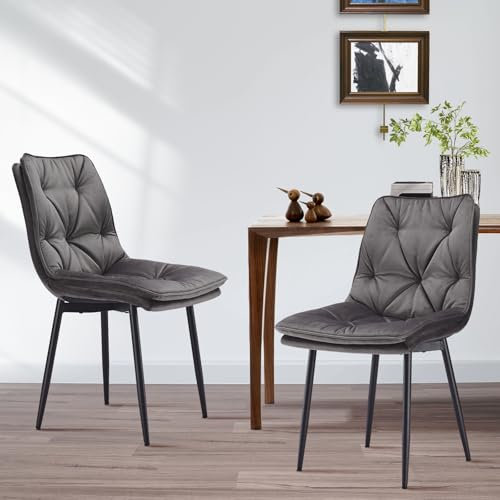 Goeurvant Samt Esszimmerstühle 2er Set - Polsterstühle ohne Armlehne mit Rückenlehne & Metallbeinen,Komfortable Küchenstühle für kleine Räume,Wohnzimmer oder Schlafzimmer,Dunkelgrau