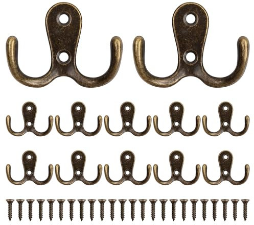 Crochet a Vis Double Métal, 12 Pièces Patere Porte Manteau Mural, Crochets Doubles Porte Manteau Mural Rétro avec 24 Vis, Crochets et Patères Rangement pour Porte-Manteau Salle de Bain Cuisine, Bronze