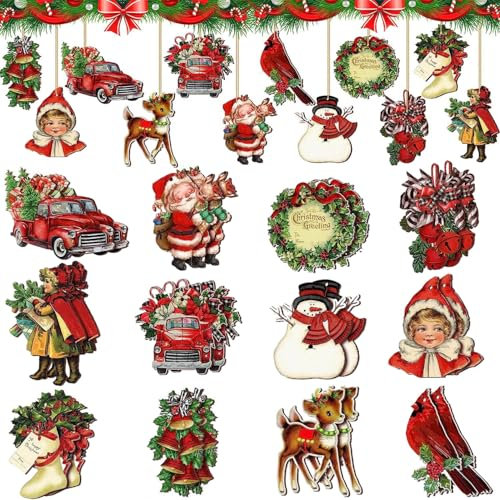 36 PCS Vintage Victorian Style Christmas Hanging Ornament - Santa Claus Snowman Wood Hanging Pendant for Door, Window, Tree Decoration