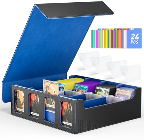 Hot Bee TCG Deck Box, Quartuple Trading Card Storage Box Holds 2400+ Cards for Yugioh, MTG, TCG, Magic the Gathering Commander Cards, Playing Card Case PU Leather Magnetic Closure, Blue