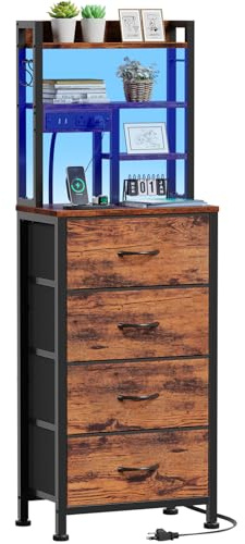 Furnulem Hoher Nachttisch, LED-Nachttisch mit Ladestation und USB-Anschlüssen, 4 Stoffschubladen und 4 Etagen Aufbewahrungsregal, Nachttisch für Schlafzimmer, Zuhause, Wohnheim, Büro (Rustic Brown)