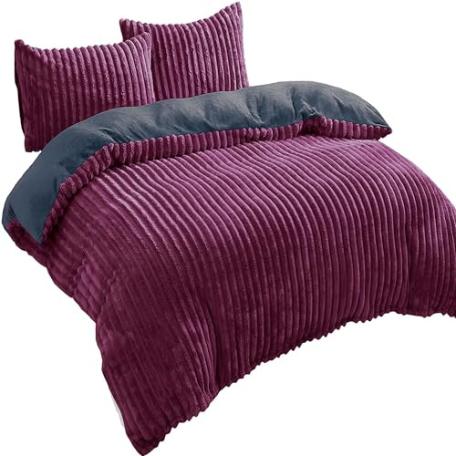 Leonado Vicenti Bettwäsche Cashmere-Touch Teddy Plüsch Set 3-teilig 200x200 cm Cord Optik Winter Coral Fleece kuschelig warm Bordeaux Wendebettwäsche
