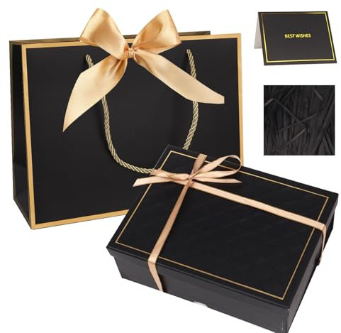 Gift Box Set for Presents, Large Textured Paper Box with Ribbon Gift Bag & Lids, Greeting Card Shredded Paper for Valentine’s Day Mother’s Day Birthday Anniversaries Bridal Party(Black)