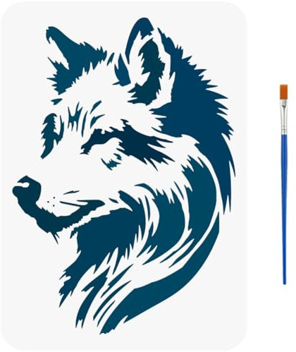 FINGERINSPIRE Wolf Schablonen Mit Pinsel 29.7x21cm Realistische Wolf Schablonen Wolfskopf Muster Schablone Wiederverwendbare Wolfsporträt Malschablone Tiermotive Wolfsvorlage Für Heimwerkerarbeiten