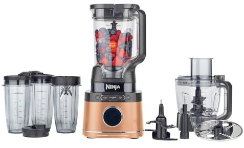 Ninja Detect Power Blender Processor Pro 3-en-1, mixeur 1200W, bol à mélanger, lame malaxeur, gobelet individuel, récipient, pétrir, mixer, hacher et mélanger, Noir & Cuivre, TB401EUCP