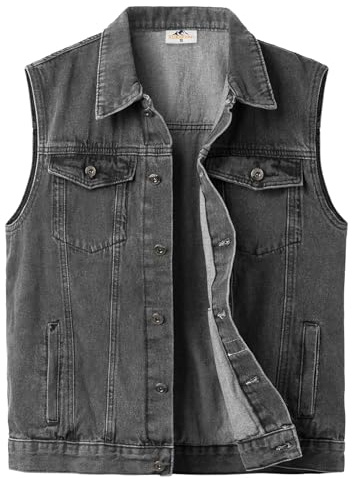 Yukirtiq Mens Jeans Vest Cowboy Buttons Sleeveless Denim Vest Jacket Motorcycle Biker Jeans Gilet, Black, XL