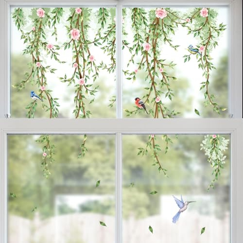 AIBIIN Spring Hanging Green Vines Window Stickers Flower Birds Leaves Static Double Sided Windows Clings Anti-Collision Floral Window Decals for Home Glass Windows