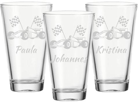 LUXENTU Trinkgläser mit Gravur 3er Set, 300 ml, Wassergläser und Kindergläser mit Auto-Motiven, Personalisierbar mit Namen, Individuelle Lasergravur, Rennauto