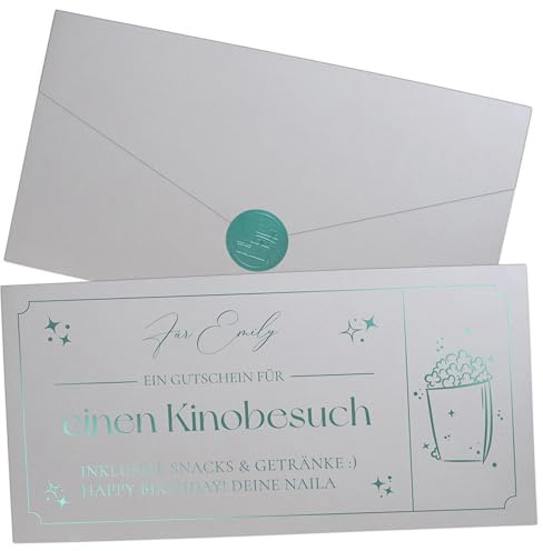 Joli Coon Personalisierter Kino Gutschein, Kinogutschein Karte Silber | Glitzerpapier, Folienveredelung in Wunschfarbe, passendes Kuvert, Siegelsticker, für Gutscheine und gemeinsame Erlebnisse