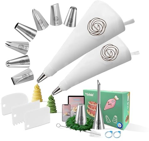 Spritzbeutel mit Tüllen Set, Spritztüllen aus Edelstahl, 2 Spritzbeutel Wiederverwendbar Baumwolle & 3 Tortenschaber, Torten Zubehör für Küche, Kuchen backen, 18 Teilig (M)