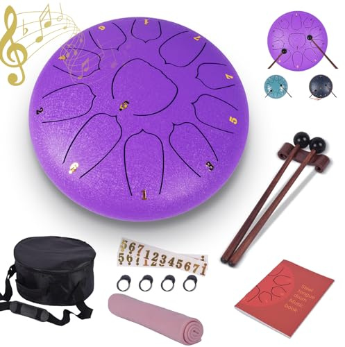Heyfriday Steel Tongue Drum - 25,4 cm 11 Noten Regentrommel - Metall Hand Pan Drum für Erwachsene/Kinder mit Notenbuch, Handpanschlägel und Tragetasche, C-Dur Musikinstrumente (Lavendelviolett)