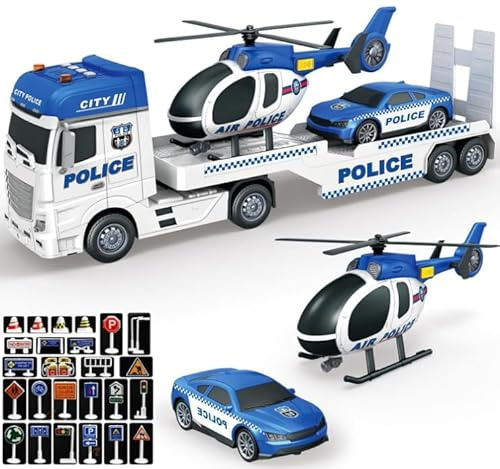 Mostop Polizeiauto-Spielzeug 25,6 großer Sattelzug mit Rennwagen und Hubschrauber,Polizeiauto-Spielzeug für Kinder mit Licht und Sound,28 Stück Verkehrszeichen,Autospielzeug für Jungen und Mädchen