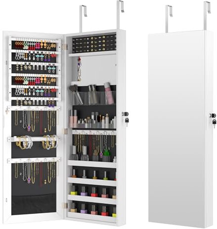 YRHome 2 in 1 Schmuckschrank hängend Spiegelschrank abschließbar andspiegel & Schmuck Organizer mit 2 Make-up Spiegel Wandspiegel Schminkschrank Tür- / Wandmontage, 2 -Spiegel, Rechteckig (Weiß)