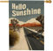 Hello Sunshine - Bandera vintage de jardín del desierto, tonos tierra cálidos, decoración al aire libre, escena de carretera de primavera y verano, pancarta de césped, exhibición de patio de doble