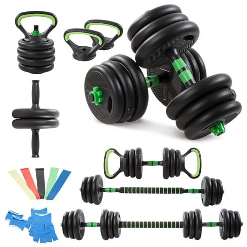 M.J COMFY-LIFE 20Kg 5-in-1 Dumbbell Set, Adjustable Home Gym Weights for Men & Women – Barbell, Kettlebell, Push-Up Bars, Resistance Bands (5-Pack), Ab Roller & Gloves – Free Weights for Full Body Wor