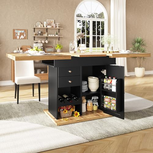 EINHOM Dining Table for 4-6 People, Foldable Dining Table with Multifunctional Storage System, Multi-Functional Dining Trolley with Snack and Wine Racks, MDF Surface