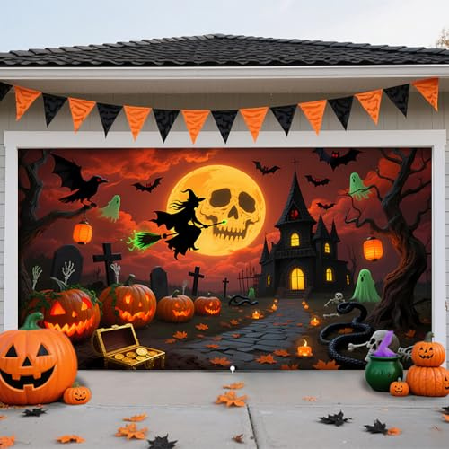 ZFFLYH Halloween Garagentor Abdeckung Große Hängende Banner Fotografie Hintergrund Garage Wanddekorationen Für Outdoor Home Yard Halloween Dekor Party Fotokabine,Orange Night,6.5 * 5FT