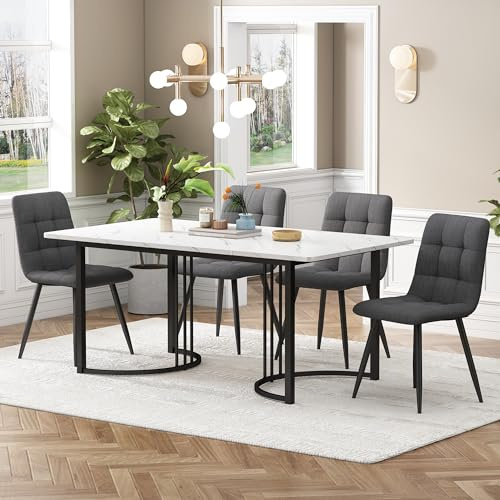 IHO SOFA 140x80cm Esstisch mit 4 Stühlen Set, Essgruppe mit Rechteckiger Küchentisch und Esszimmerstühle, Esstisch mit Stühle, Schwarz Tischbeine und Grau Leinen Küchenstühle