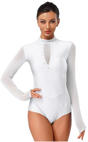 CHICTRY Damen Gymnastikanzug Langarm Glitzer Strass Turnanzug Stehkragen Ballettanzug Mesh Patchwork Tanzanzug Body Mit Cut Out