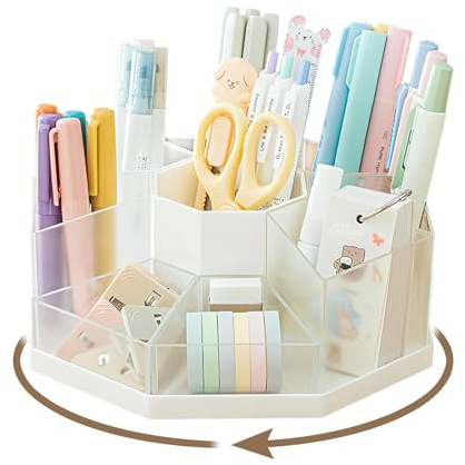 Drehbarer Stiftehalter, 9 Fächer Große Kapazität Schreibtisch Organizer | 360° Drehbar Upgrade Abnehmbar, Kann Bleistifte, Buntstifte, Verschiedene Schreibwaren aufnehmen Transparent weiß