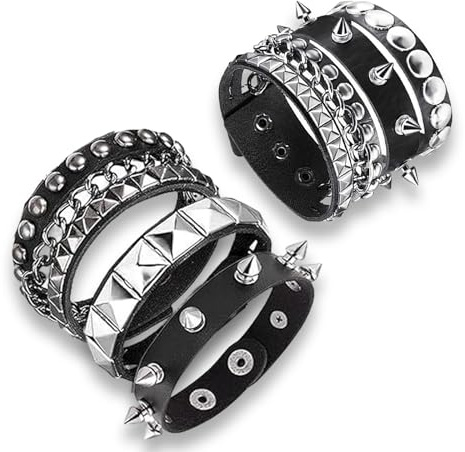 fKiZanthene Set mit sechs Gothic-Armbändern, PU-Leder-Nieten mit gewellter Kette, Modeschmuck für Jugendliche und junge Erwachsene – für Konzerte und Themenpartys